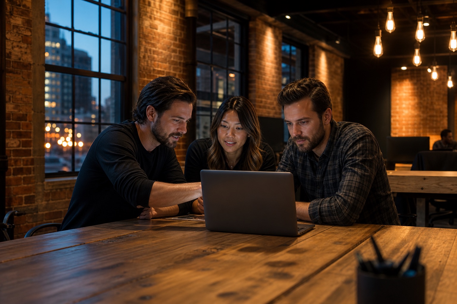 Small San Diego marketing agency team reviewing client work together around a laptop in a brick loft office