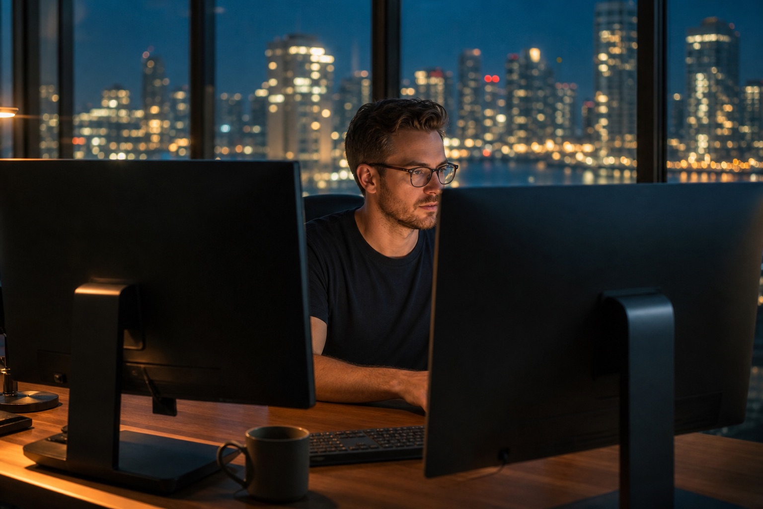 Developer at a dual-monitor workstation in a downtown San Diego office at dusk