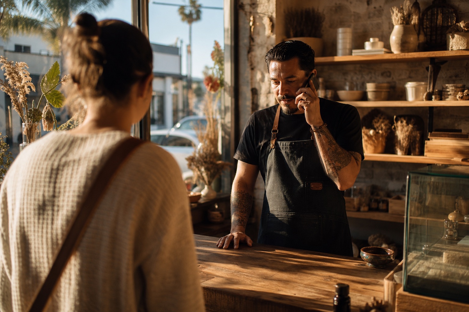 San Diego small-business owner taking a customer call at the counter of a busy neighborhood shop
