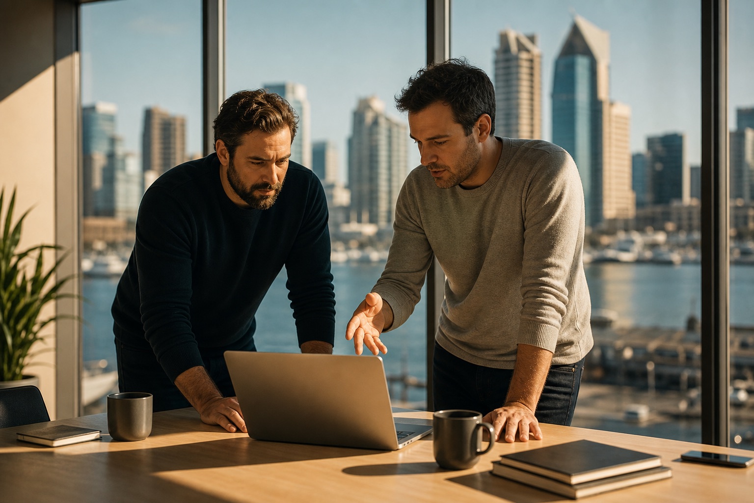 Two software founders working through product decisions at a laptop in a bright San Diego office